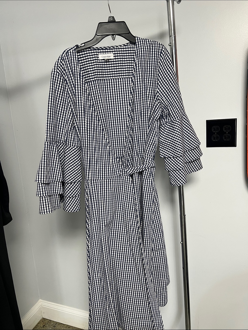 Calvin Klein Navy and White Gingham Wrap Midi Dress